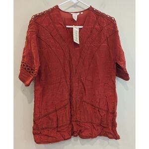 NWT Sundance Catalog Red Cupro Viscose Lace Embroidered Blouse Size XS